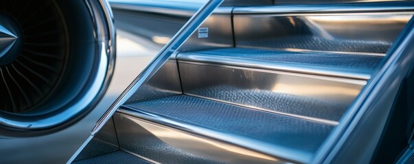 Shiny metallic airplane steps with engine details in close perspective