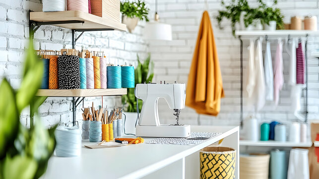 Bright sewing studio workspace with threads, sewing machine, and fabrics.  Ideal for craft, fashion, or hobby blogs
