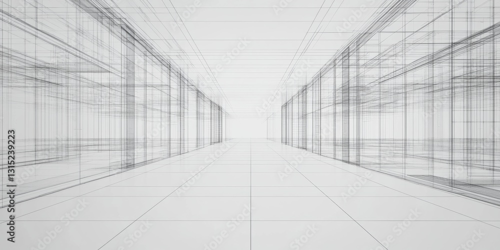 Poster abstract architectural space sketch illustrating linear perspective and monochrome design