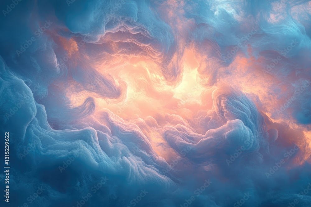 Poster abstract swirling cloudscape with a warm, golden light emanating from within, creating a dreamy, eth