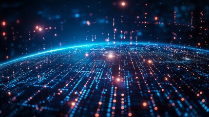Visual representation of a digital world with glowing interconnected data points in a cosmic setting