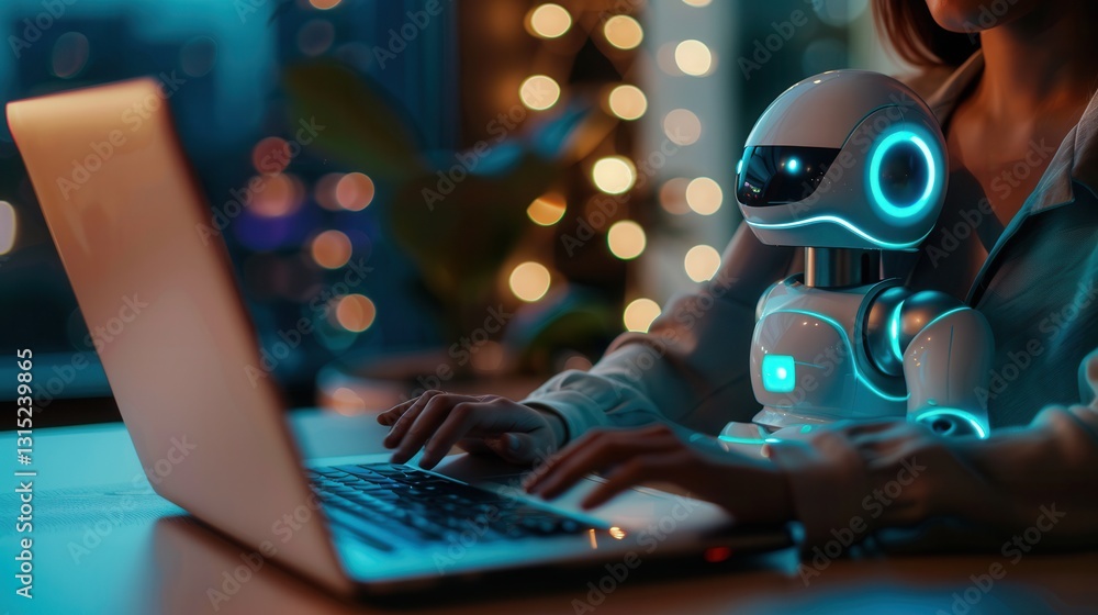 Poster woman engages in conversation with artificial intelligence through laptop while a robotic companion 