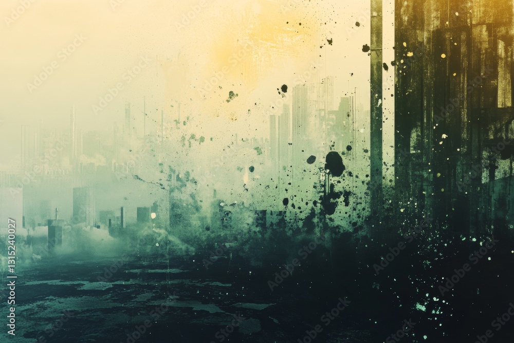 Poster this abstract image features an urban landscape with a grunge texture and a dramatic color gradient,