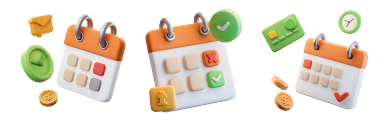 Colorful reminder calendar and clock icons designed for efficient credit card billing and payment planning isolated on transparent background