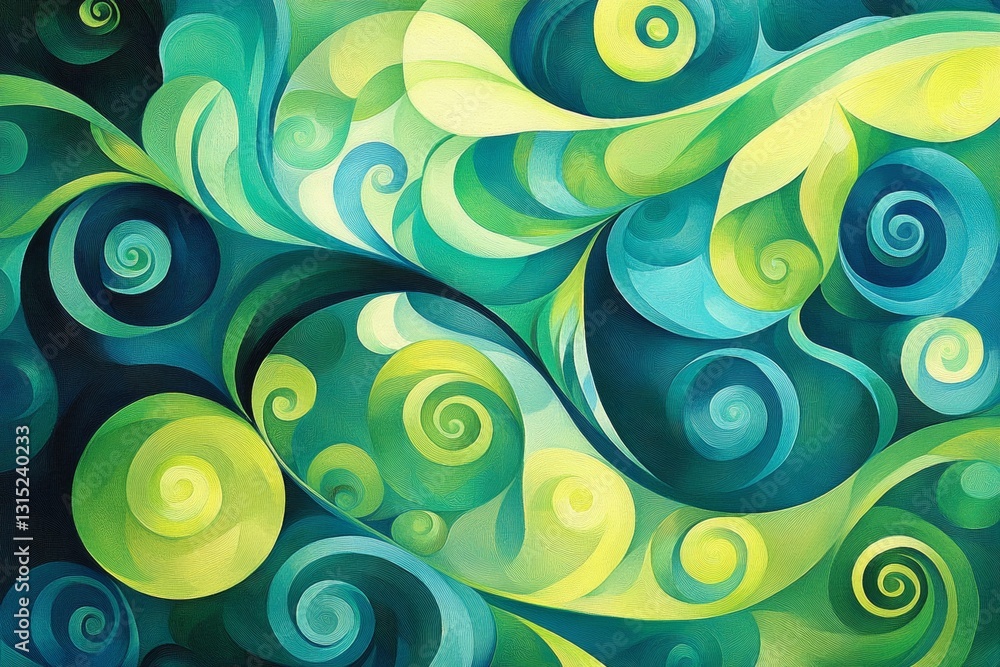 Poster this vibrant abstract artwork features swirling patterns in greens and blues, creating a dynamic and