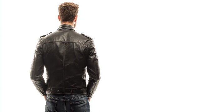A male fashion model in a black leather jacket and jeans, standing with his back to the camera with a cool expression on a white isolated background