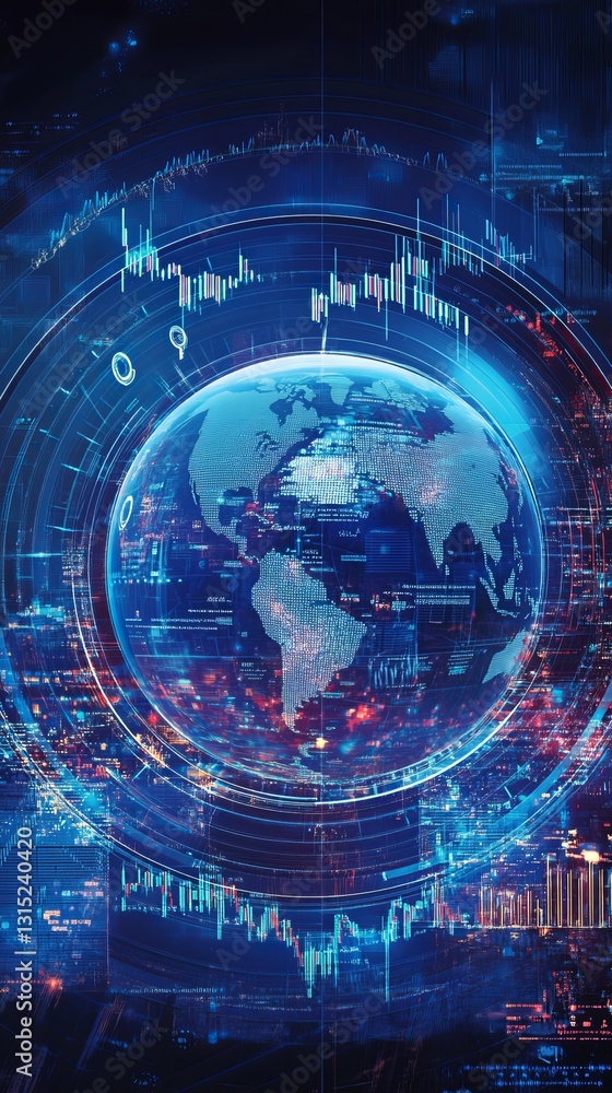 Aufkleber this image presents a futuristic representation of earth surrounded by digital market trends and dat