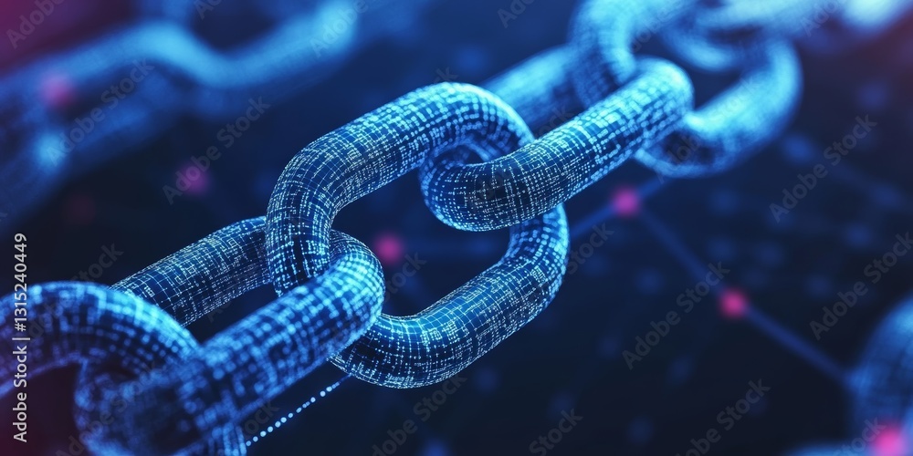 Poster a blue chain with red dots on it. the chain is made of a blue material and is very intricate