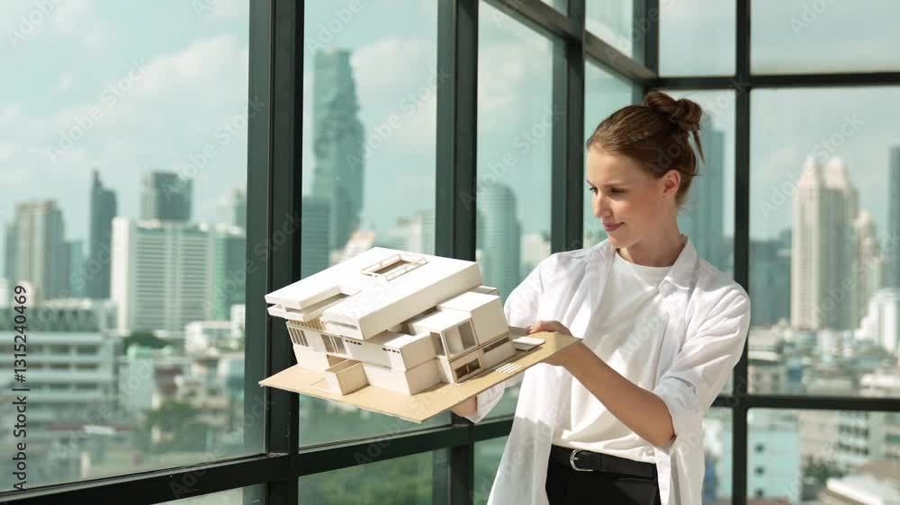 Aufkleber smart happy beautiful manager check house model by turning left side and right side. professional ma