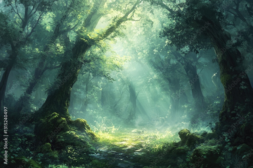 Poster Sunlit path through a mystical, fog-laden forest; ancient trees create a serene, magical atmosphere.