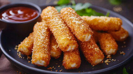 Mozzarella sticks with a crunchy breadcrumb coating, golden and served with a spicy dipping sauce for a fiery flavor.