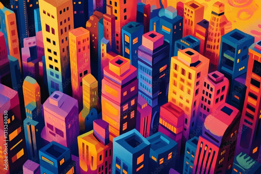Poster a vibrant abstract cityscape featuring a multitude of colorful buildings and structures. a visual ex