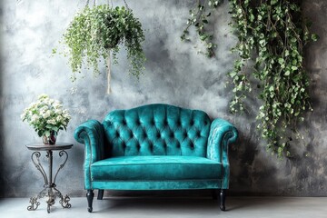 Teal velvet sofa with plants in a room.
