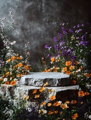 Stone pedestal with colorful wildflowers