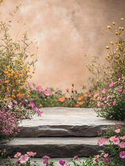 Stone pedestal with colorful wildflowers