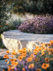 Stone pedestal with colorful wildflowers