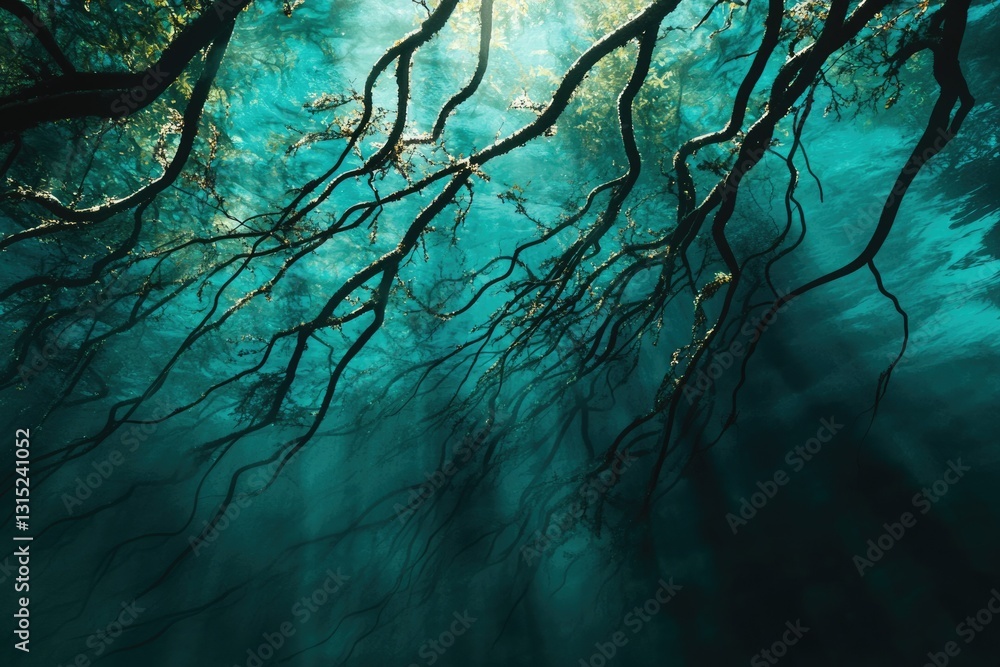 Poster Sunbeams illuminate an underwater forest, creating a mystical, ethereal scene of submerged branches.