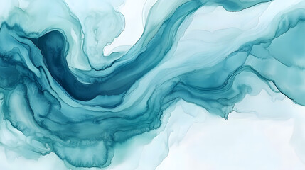 Abstract Teal and White Ink Wash Painting Serene Ocean Flow