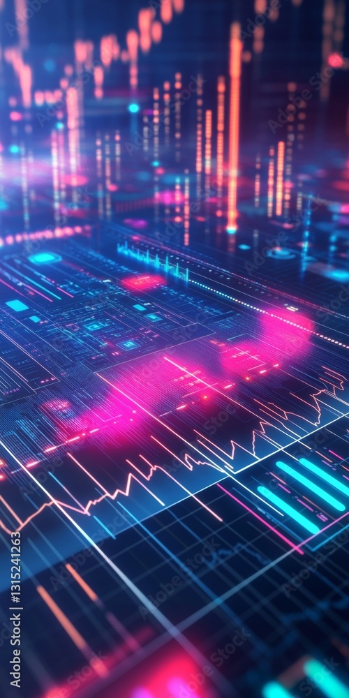 Poster abstract data visualization with neon lights representing financial market trends and analysis