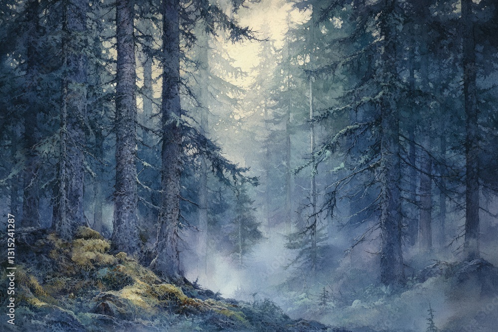 Poster a misty, serene forest path winds through tall, dark evergreens, creating a mysterious and tranquil 