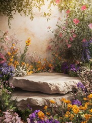 Stone pedestal with colorful wildflowers