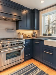 A stylishly designed modern kitchen interior with dark blue cabinets