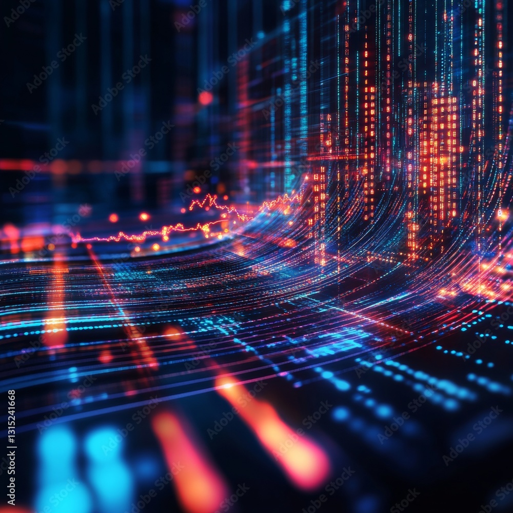 Poster dynamic abstract visualization of data flow and light patterns in a futuristic digital environment