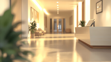 Blurred office lobby entrance building background, defocus luxury clinic hospital corridor, modern hotel reception hall interior ai generated. Enchanted - Castle. Illustration
