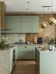 Modern kitchen design with light green cabinetry and pendant lights