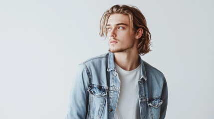 A male model in a relaxed, stylish outfit with a denim jacket, standing with a cool expression on a white isolated background
