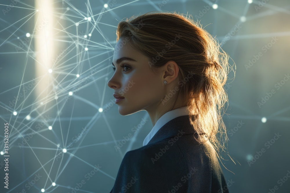 Aufkleber a woman in profile, gazing towards a network of interconnected nodes, representing digital connectio