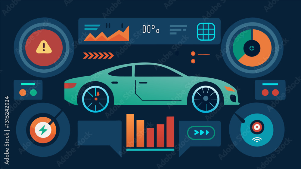 Poster the dashboard of a modern sports car displays realtime data from its various sensors allowing the dr