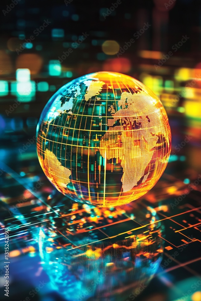 Poster a vibrant digital globe representing global connectivity and data networks. bright colors and reflec