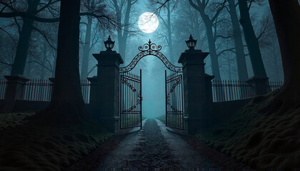 Mysterious forest pathway with wrought iron gates under moonlight casting eerie shadows