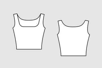 Female crop top vector template isolated on a grey background. Front and back view. Outline fashion technical sketch of clothes model.
