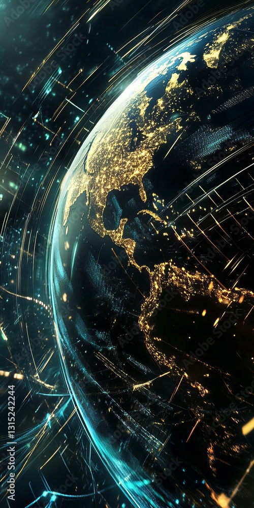 Poster a captivating artistic depiction of earth illuminated from space, showcasing glowing continents and 