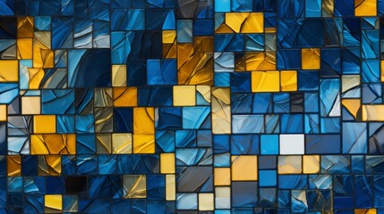 Abstract blue and yellow glass mosaic art with geometric patterns
