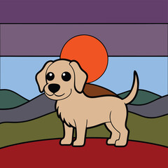 retro cartoon dog with big eyes, vibrant sunset background