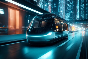 Obraz premium A futuristic autonomous tram glides through a neon-lit urban landscape at night, showcasing advanced technology and modern design in urban transportation.