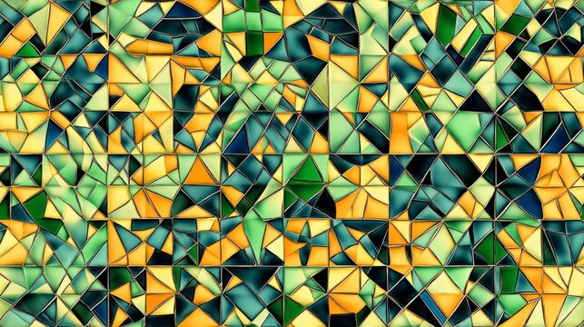 Colorful geometric abstract mosaic with green and yellow patterns