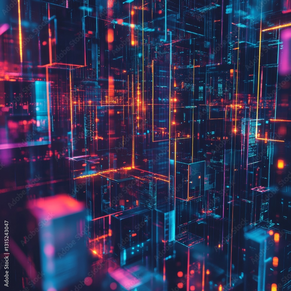 Poster futuristic digital abstract background with neon lights and geometric structures in motion