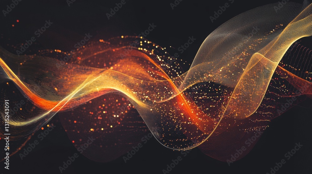 Poster dynamic abstract light waves with golden and orange sparkles on a dark background