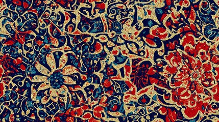 Intricate floral paisley pattern in vibrant red and blue tones