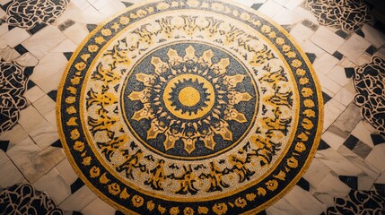 Naklejka premium Intricate circular mosaic design with geometric and floral patterns