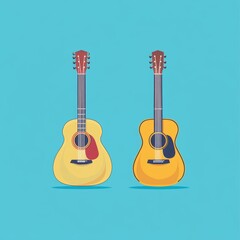 Naklejka premium Two guitars are shown side by side on a blue background. The guitars are of different sizes and have different designs