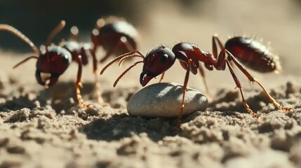 Macro Photography of Ants Moving a Stone