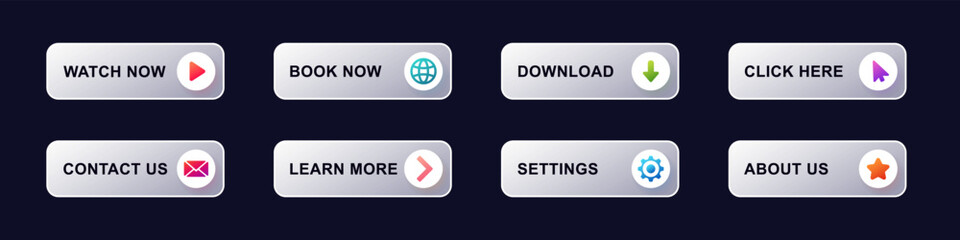 Various web buttons with icons and text for navigation, highlighting key actions for users online.
