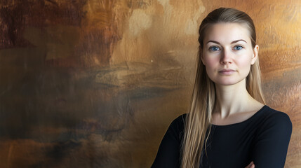 Fototapeta premium Woman with Arms Crossed on Textured Wall