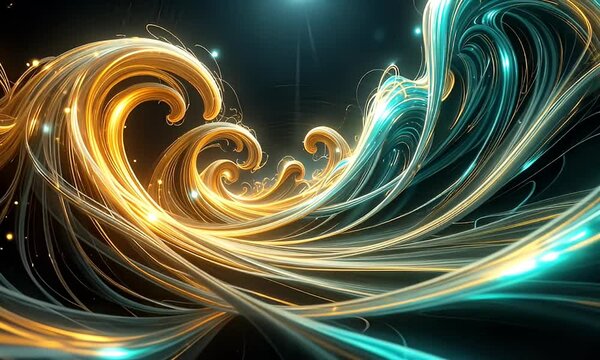 Abstract Golden and Teal Swirls Forming Waves on Black Background with Sparkles and Dynamic Lighting Suitable for Tech and Energy Concepts Adobe Stock Photo Optimized Article Illustration Idea