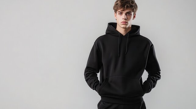 A male model wearing a modern black hoodie and pants, standing with his hands in his pockets and looking cool on a white isolated background